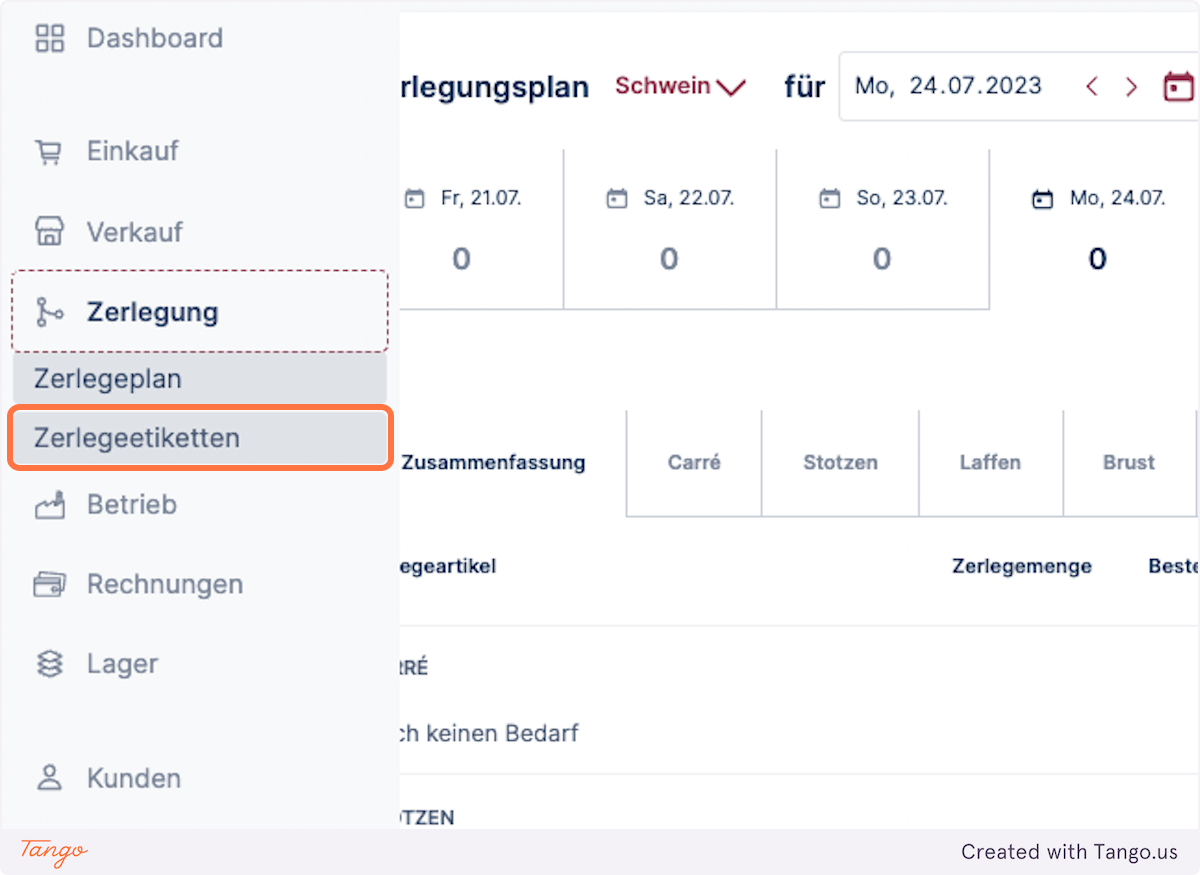 Zur Subnavigation Zerlegeetiketten navigieren